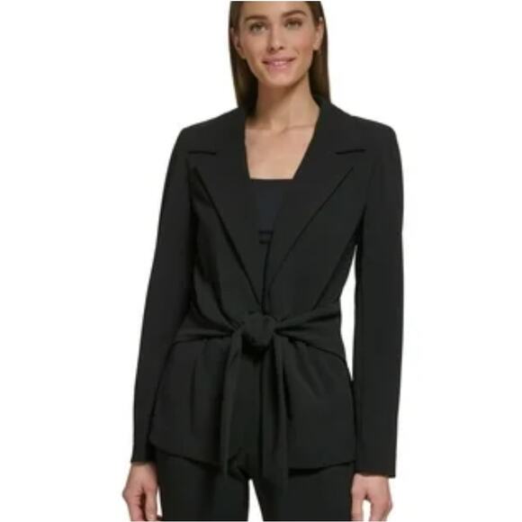 DKNY Long Sleeve Notch Lapel Tie Waist Career Blazer Black Women's Size US 8 NWT - Picture 1 of 5